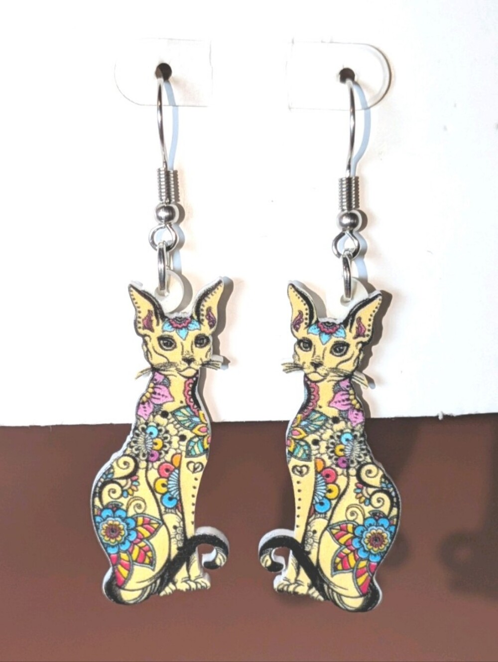 Hand Crafted Yellow Floral Cat Dangle Earrings with Multicolor Accents